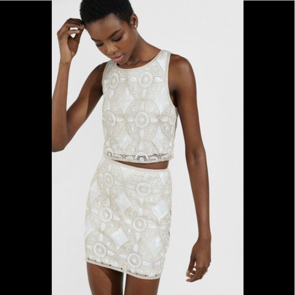 Express white sequin skirt and crop set